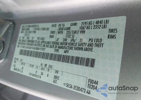 2017 Ford Escape Se z USA, uszkodzony, nr VIN 1FMCU9G91HUB61757